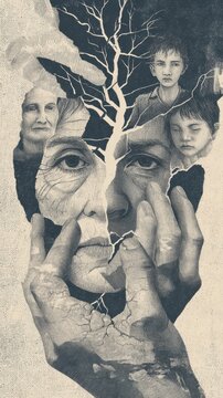 Artistic illustration of a woman's face with family members and tree imagery