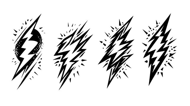 Four black and white illustrations of lightning bolts with a variety of spikey bursts and angular designs