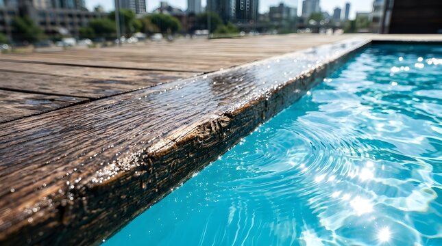 Close up of rustic wooden deck edge and clear blue rippling water in luxury rooftop swimming pool