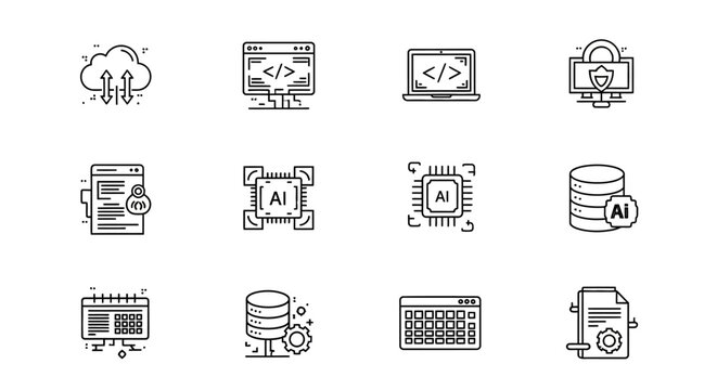 Artificial intelligence and cloud computing icons set, AI technology, programming, database, and cybersecurity vector illustration