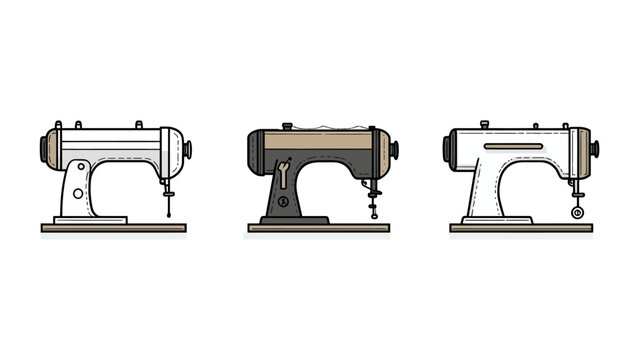 Three stylized, vintage sewing machines in different color schemes, presented on a white background