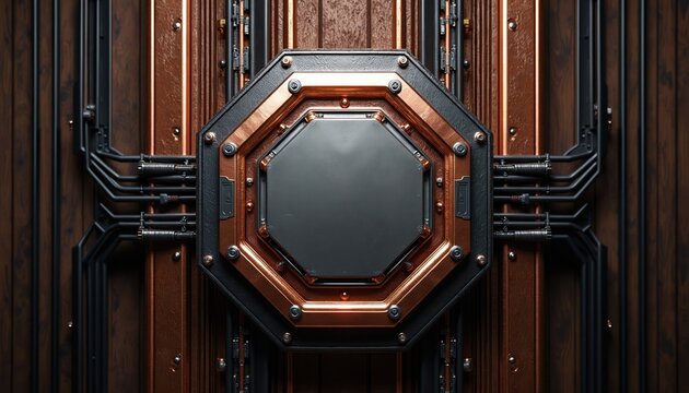 Futuristic octagonal metallic panel with copper accents on wood. Wires connect to the central dark screen. Industrial design elements suggest technology and innovation.