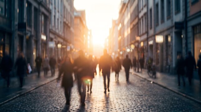 Sunlit city street people walking towards a bright radiant light source
