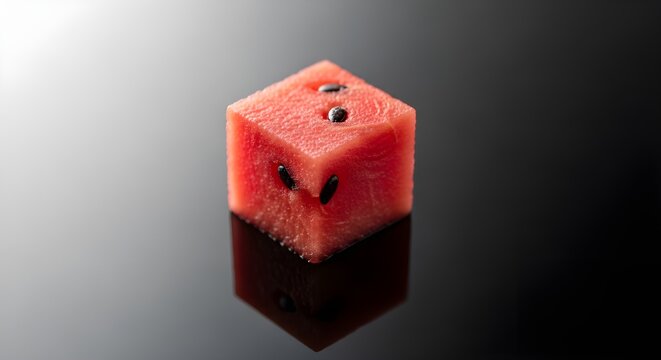 fresh sliced watermelon cube with seeds on dark reflective surface minimalistic food photography