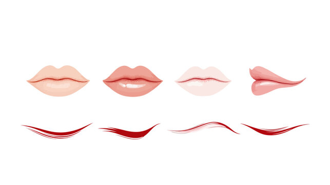Stylized depictions of various lip shapes and crimson brush strokes on a white background