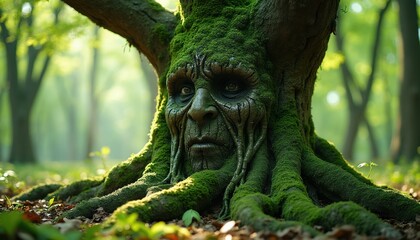 Naklejka premium Ancient mossy tree trunk forms human face with deep eyes and roots in sunlit forest. Nature powerful entity watches over green woodland floor. Mystical old being.
