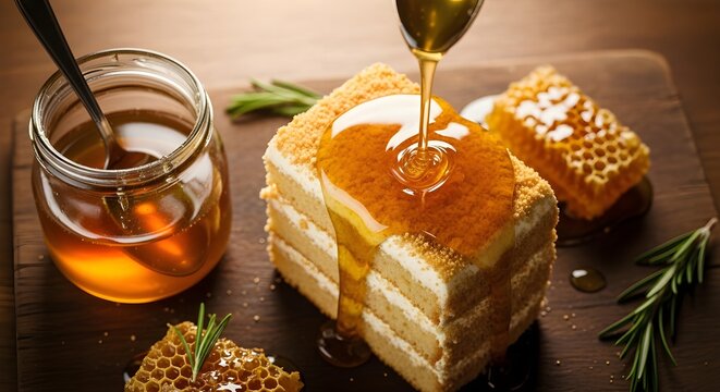 golden honey drizzled over layered cornmeal cake with fresh rosemary and jar on wooden table