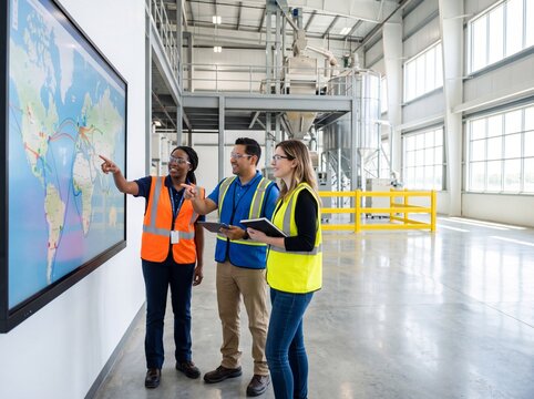 Diverse team of logistics professionals analyzing global shipping routes on a digital screen in a modern warehouse facility