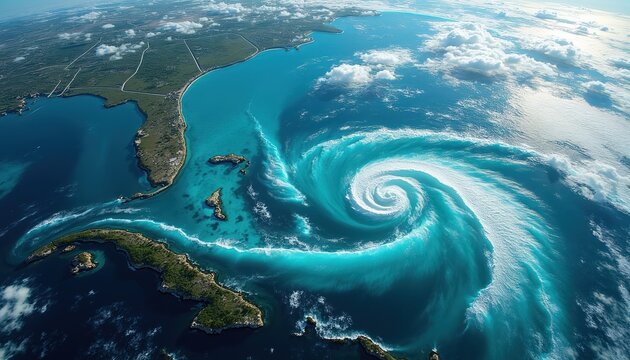 Aerial view of Earth shows hurricane forming over ocean near islands. Powerful ocean currents create swirling vortex. Clouds visible in sky, landmasses border sea.