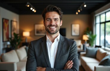 Fototapeta premium Smiling man in suit stands in furniture showroom. He arms crossed, offers expert advice on home decor selection. Pro sales assistant helps customer choose furnishings for their house.