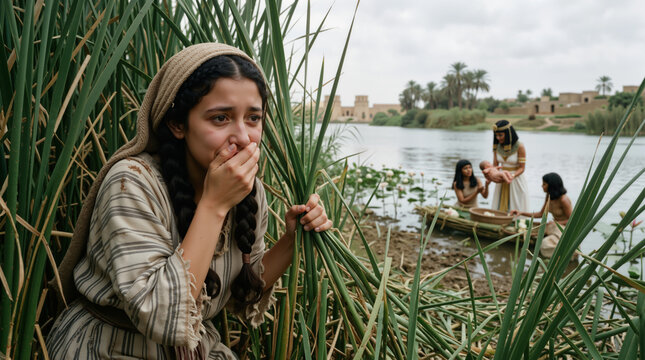 Young woman hiding in reeds watching a baby being found. Biblical scene of Miriam and Moses in ancient Egypt