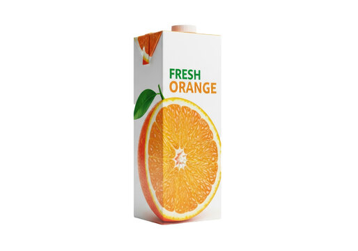 Orange juice tetra pak carton with a hyper-realistic fruit label isolated on a transparent background with a soft shadow. Concept for beverage advertising