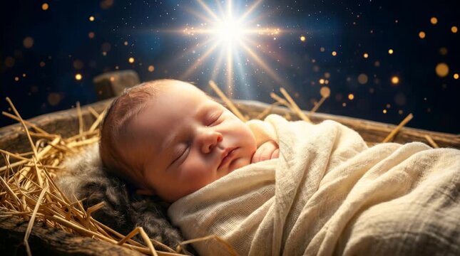 Newborn baby sleeping in a manger with a bright star. Nativity scene concept representing the birth of Jesus. Cinematic religious holiday footage