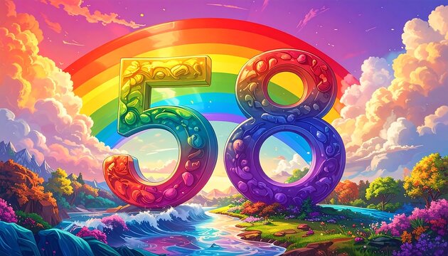 A vibrant numeral "58" sits below a rainbow over a landscape of water, trees, flowers, and fluffy clouds
