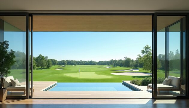 Modern home interior overlooks expansive green golf course with pool. Luxury estate living offers serene views and relaxation. Enjoy golf hobby and sunny outdoor leisure.
