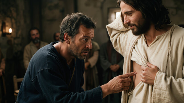 Thomas touching the wounds of Jesus. Biblical scene depicting the moment of doubt and belief. Historical religious reenactment