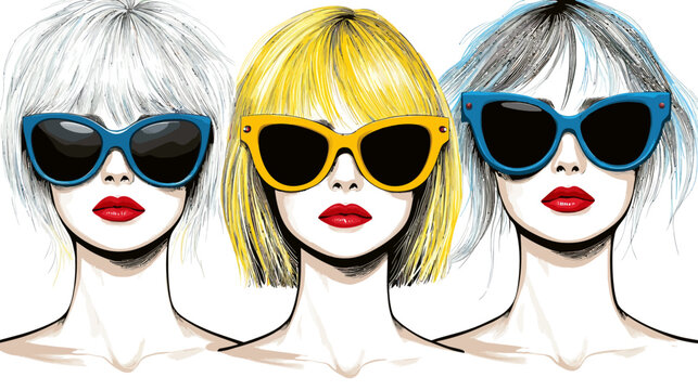 Illustration of three stylized women with varying hair colors, sunglasses, and red lips