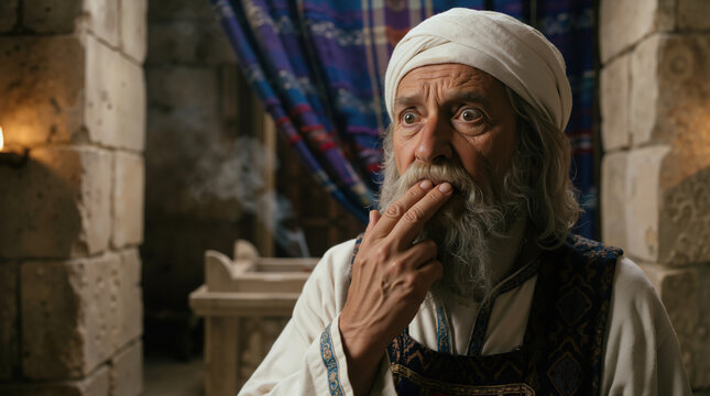 Elderly man in ancient attire covering his mouth. Biblical scene of Zechariah becoming mute. Historical religious portrait