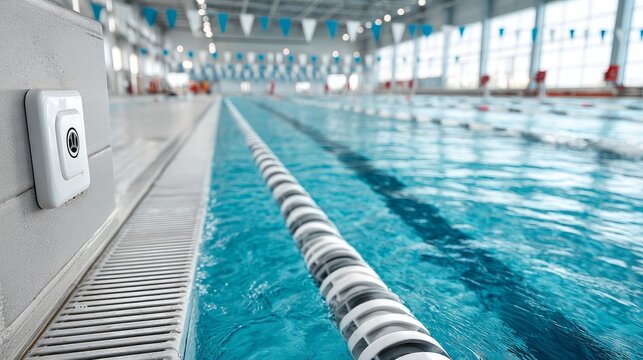 Indoor Swimming Pool Lane with Timing Pad Near Wall and Clear Water