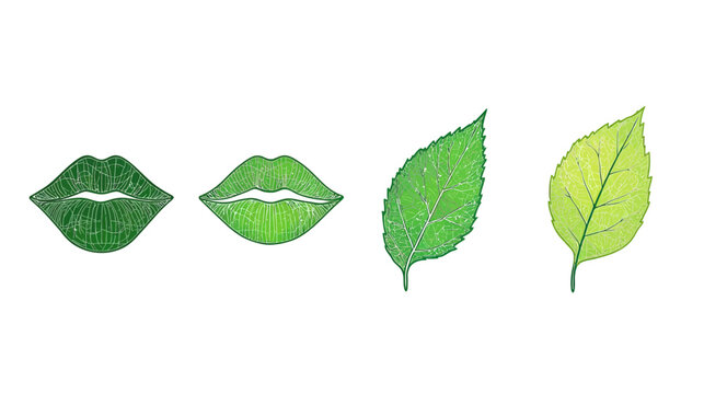 Two green lips and two green leaf illustrations on a white background, vectorized style