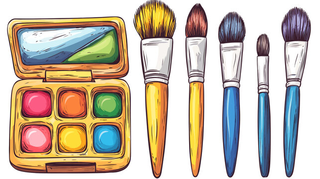Colorful illustrated makeup palette with brushes. Cartoonish design with various shades and brush types