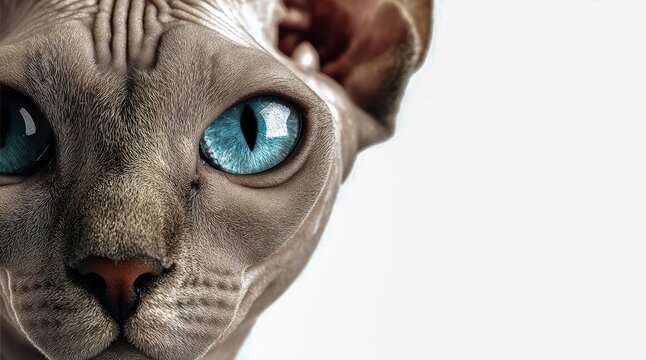 Portrait of a sphynx cat with striking blue eyes and textured skin captured in high detail against a soft white background for pet photography concepts