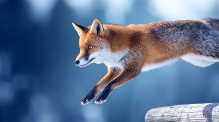 Fototapeta premium Fox leaping gracefully over a low obstacle in a snowy forest setting