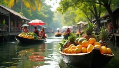 Obraz premium Boats laden with tropical fruits like mangoes and pineapples float on a canal. People buy produce from vendors in this vibrant Asian market.