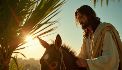 Naklejka premium Jesus rides a donkey into Jerusalem. He wears a robe and has a beard. Palm leaves frame the scene with sun rays. This is a depiction of Palm Sunday.