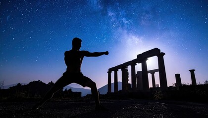 Fototapeta premium Silhouette of a martial artist practicing karate under a starry night sky with ancient ruins.