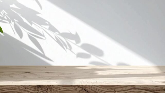 Sunlight casts leaf shadows on a wooden table indoors