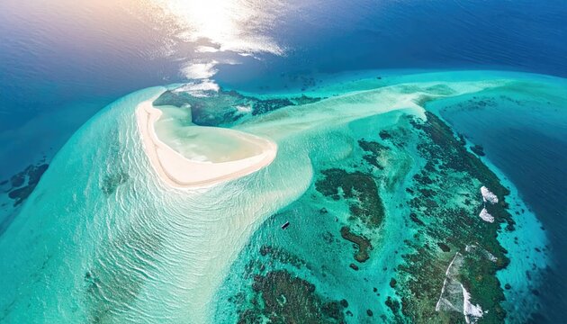 Aerial view of a sandbank in turquoise water under sunlight