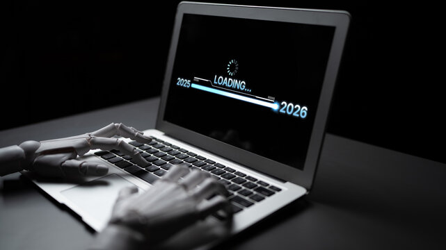 AI visualizes the transition from 2025 to 2026 using smart progress tracking, predictive goal-setting tools, and business transformation insights. Artificial intelligence spline