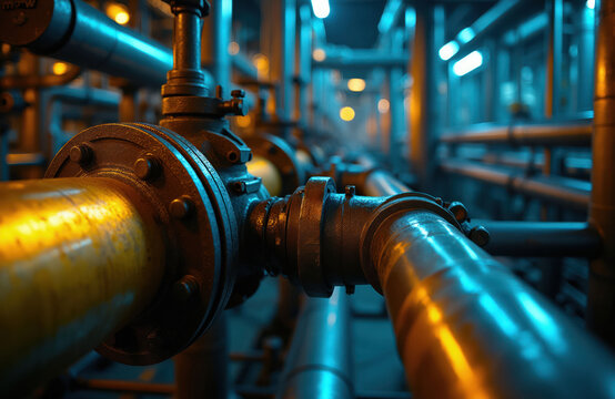 Industrial pipe system at night. Close up on valve and pipes. Blue and yellow lights illuminate factory interior. Focus on manufacturing safety and equipment.
