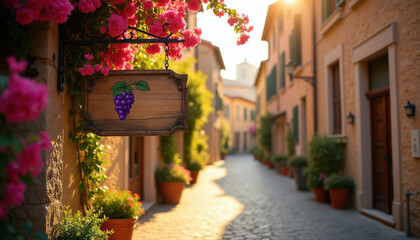 Naklejka premium Charming Italian street with potted flowers and grapevine sign. Buildings line cobblestone lane. Warm sunlight creates inviting ambiance for travel or vineyard visit.