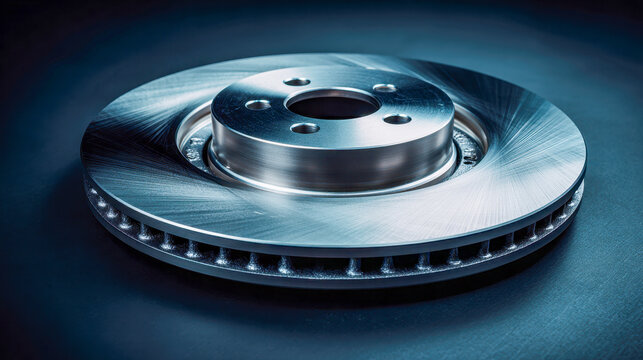 High-quality ventilated steel brake disc rotor showcasing detailed machining and metallic texture isolated on dark background for automotive maintenance and repair c