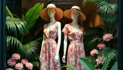 Obraz premium Two fashion mannequins wear floral print dresses and straw hats. Lush green plants and pink flowers create a tropical urban boutique display. Window setting.