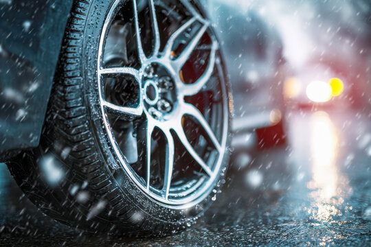 Car wheel with stylish alloy rim driving on wet road during heavy rain under bright headlights shining through water droplets and splashes at night