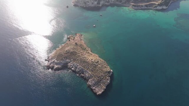 Aerial drone shot.View of famous beach in the summer, Crete, Greece. Famous beach with river and palm trees in Libyan sea. Tropical island, Panoramic view, Most beautiful beaches of Crete island