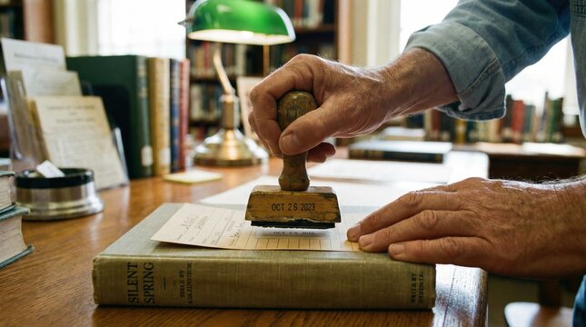 Librarian hands stamping a due date inside an old library book