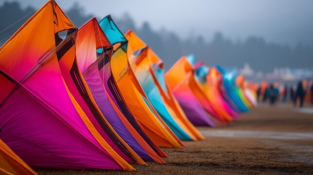 Colorful Kites Arranged Upright in Holders at Outdoor Event
