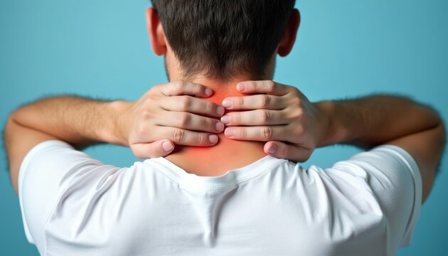 Man massages painful neck area, feeling stiffness and ache. He holds his head, suffering from discomfort and poor posture. This image visualizes fatigue and tension.