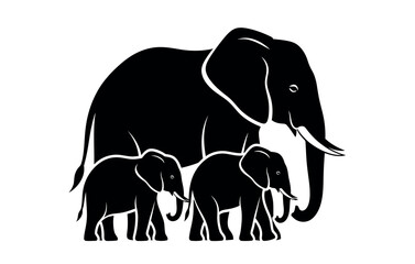 Elephant family silhouette a mother and two calves in black and white © Apai