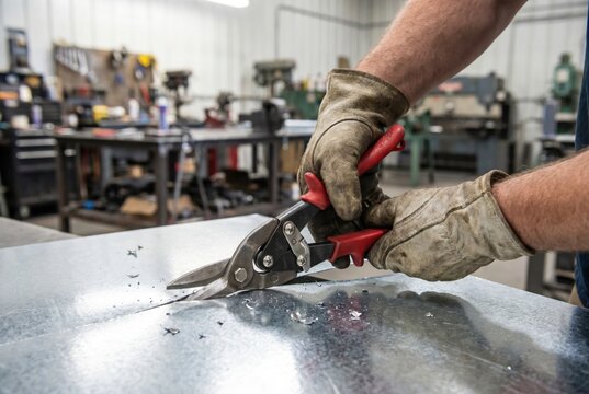 Metalworker using aviation snips to cut a galvanized steel sheet