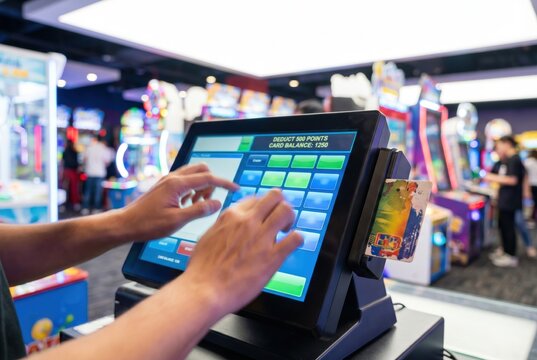 Player using a touchscreen kiosk with a card to deduct points at an arcade