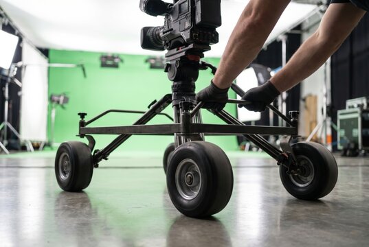 Camera operator pushing a heavy duty cinema camera dolly in a studio