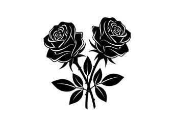 Elegant black and white silhouette of two blooming roses with stems © Apai
