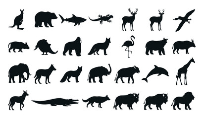 Silhouette collection diverse wildlife animals in black against a pale green background © Apai
