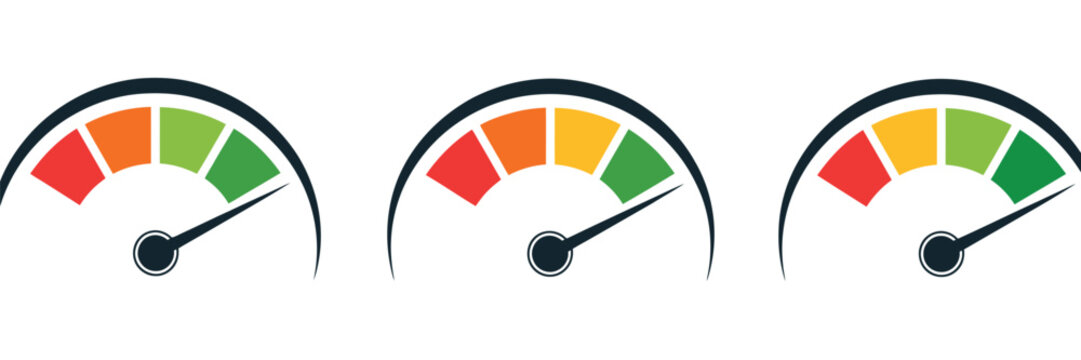 Gauge speedometer icon with colored risk levels from red to green, arrow indicator for low medium high status, financial sentiment meter