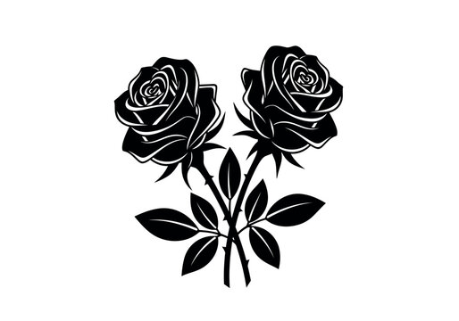 Elegant black and white silhouette of two blooming roses with stems